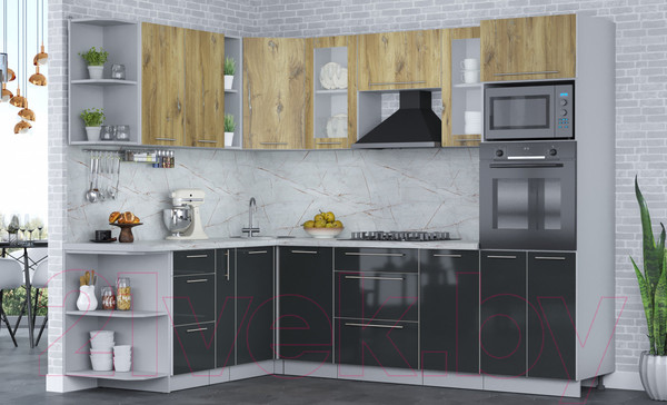 Изображение товара Кухонный гарнитур Интерлиния Мила Пластик 1.88x2.6 левая (дуб эпоксид/антрацит/серый каспий)