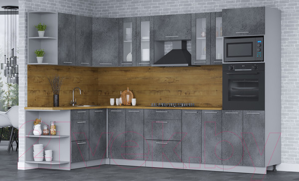 Изображение товара Кухонный гарнитур Интерлиния Мила 1.68x3.0 левая (бетон портленд/бетон портленд/дуб бунратти)