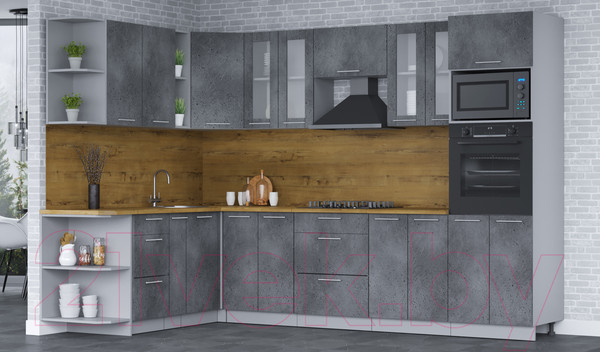 Изображение товара Кухонный гарнитур Интерлиния Мила 1.88x3.0 левая (бетон портленд/бетон портленд/дуб бунратти)