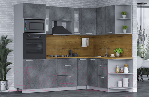 Изображение товара Кухонный гарнитур Интерлиния Мила 1.68x2.4 правая (бетон портленд/бетон портленд/дуб бунратти)