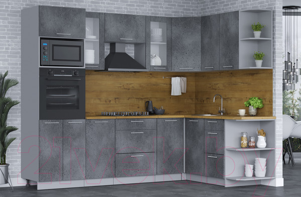 Изображение товара Кухонный гарнитур Интерлиния Мила 1.68x2.6 правая (бетон портленд/бетон портленд/дуб бунратти)