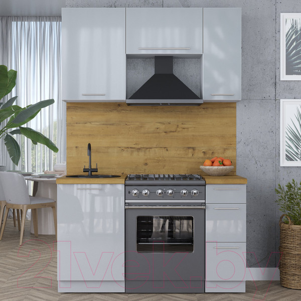 Изображение товара Кухонный гарнитур Интерлиния Мила Пластик 1.5 А (туманный глянец/туманный глянец/дуб бунратти)