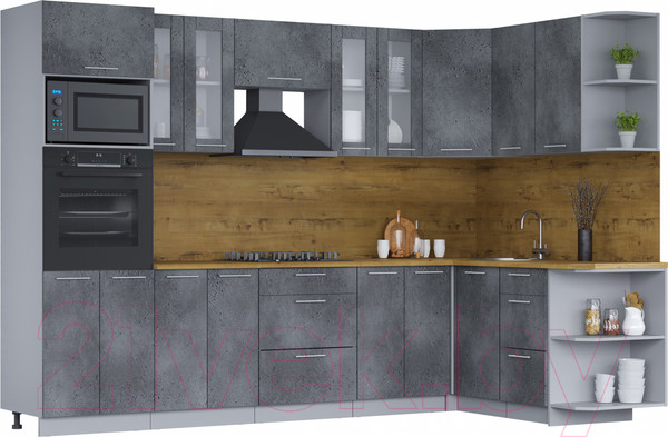 Изображение товара Кухонный гарнитур Интерлиния Мила 1.68x3.0 правая (бетон портленд/бетон портленд/дуб бунратти)