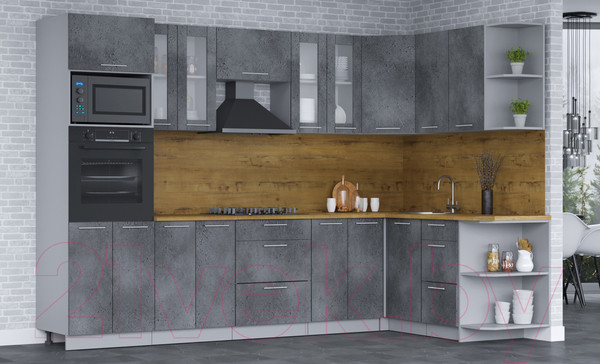 Изображение товара Кухонный гарнитур Интерлиния Мила 1.68x3.0 правая (бетон портленд/бетон портленд/дуб бунратти)