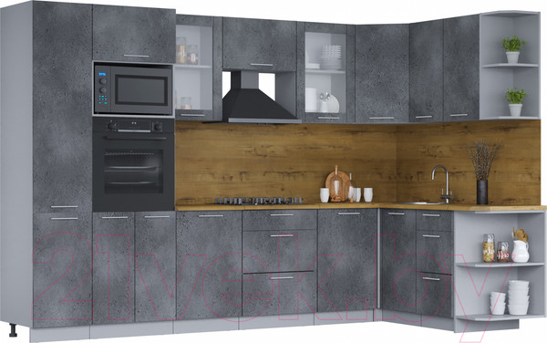 Изображение товара Кухонный гарнитур Интерлиния Мила 1.68x3.2 правая (бетон портленд/бетон портленд/дуб бунратти)