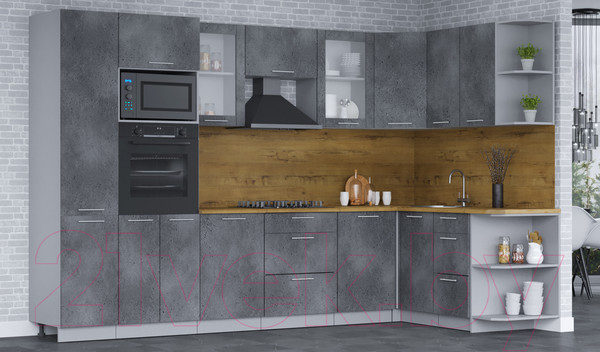 Изображение товара Кухонный гарнитур Интерлиния Мила 1.68x3.2 правая (бетон портленд/бетон портленд/дуб бунратти)