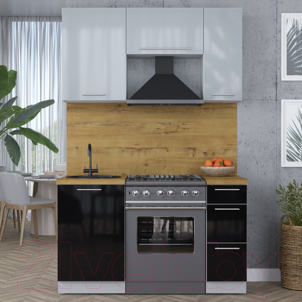 Изображение товара Кухонный гарнитур Интерлиния Мила Пластик 1.7 А (туманный глянец/черный/дуб бунратти)