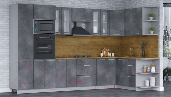 Изображение товара Кухонный гарнитур Интерлиния Мила 1.68x3.4 правая (бетон портленд/бетон портленд/дуб бунратти)