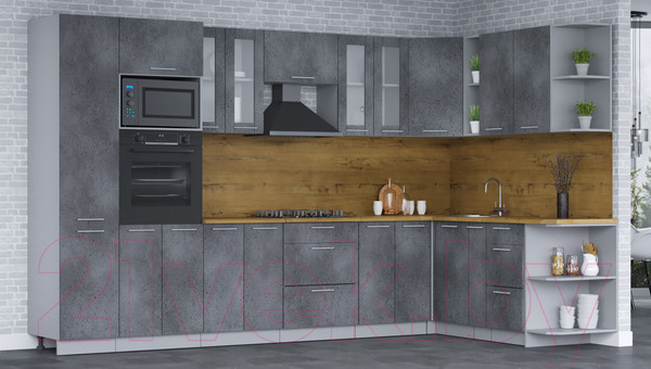 Изображение товара Кухонный гарнитур Интерлиния Мила 1.88x3.4 правая (бетон портленд/бетон портленд/дуб бунратти)