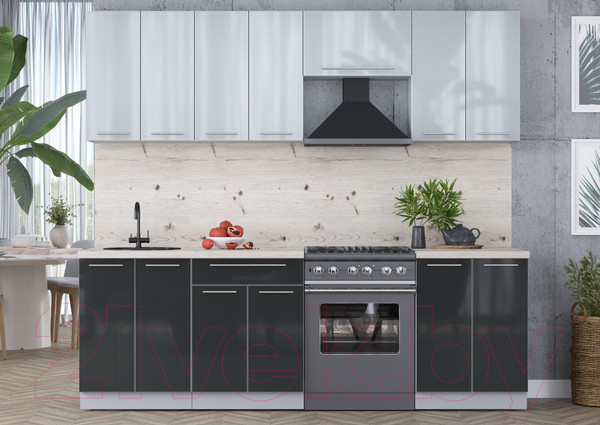 Изображение товара Кухонный гарнитур Интерлиния Мила Пластик 2.4 А (туманный глянец/антрацит/бискайская сосна)