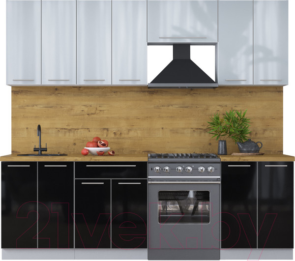 Изображение товара Кухонный гарнитур Интерлиния Мила Пластик 2.4 А (туманный глянец/черный/дуб бунратти)