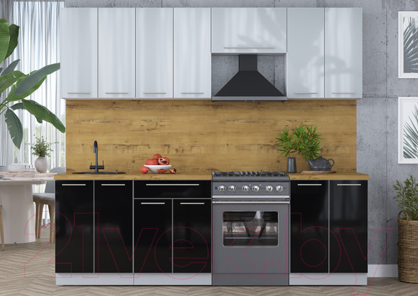 Изображение товара Кухонный гарнитур Интерлиния Мила Пластик 2.4 А (туманный глянец/черный/дуб бунратти)