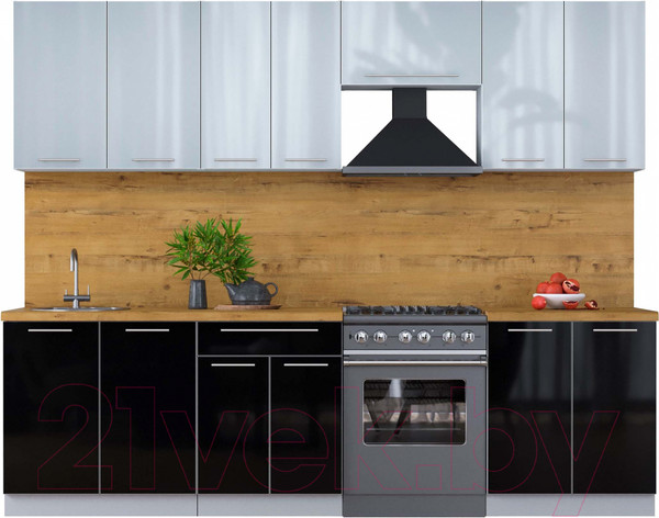 Изображение товара Кухонный гарнитур Интерлиния Мила Пластик 3.0 А (туманный глянец/черный/дуб бунратти)
