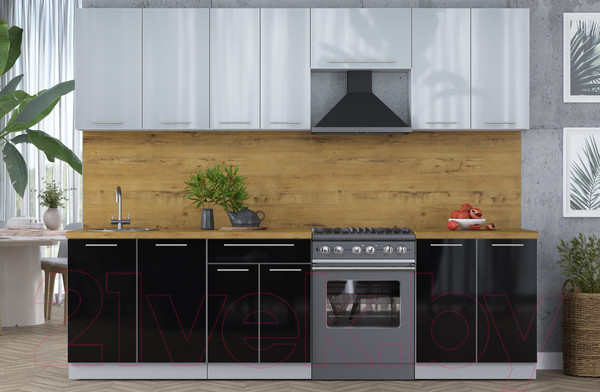 Изображение товара Кухонный гарнитур Интерлиния Мила Пластик 3.0 А (туманный глянец/черный/дуб бунратти)