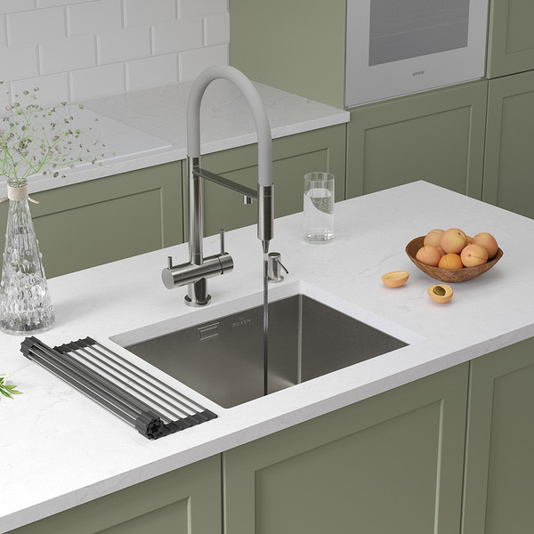 Изображение товара Мойка кухонная Roxen Uno 560210-54 под столешницу с ролл-матом и дозатором (сатин)