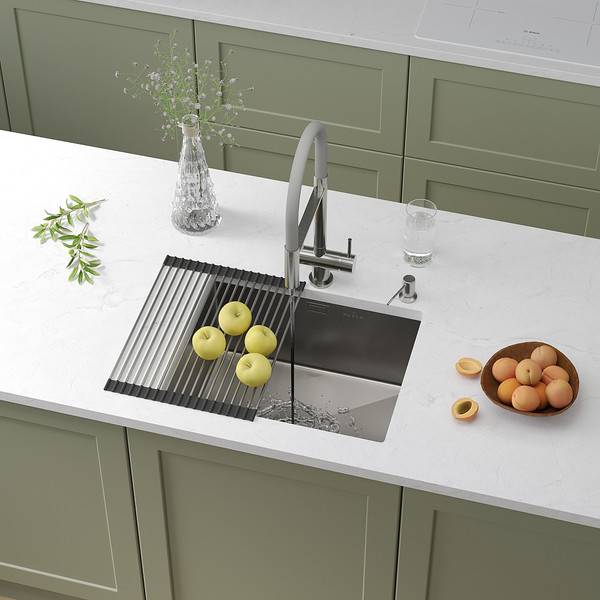 Изображение товара Мойка кухонная Roxen Uno 560210-54 под столешницу с ролл-матом и дозатором (сатин)