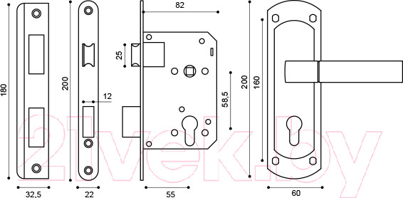 Изображение товара Замок врезной Punto Lockset 25.Orion.5558-1 цилиндровый с ручкой (матовый никель/хром)