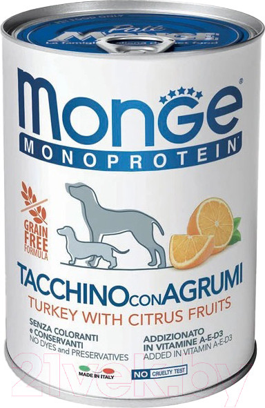 Изображение товара Влажный корм для собак Monge Dog Natural Monoprotein Fruits индейка с рисом и цитрусовыми (400г)