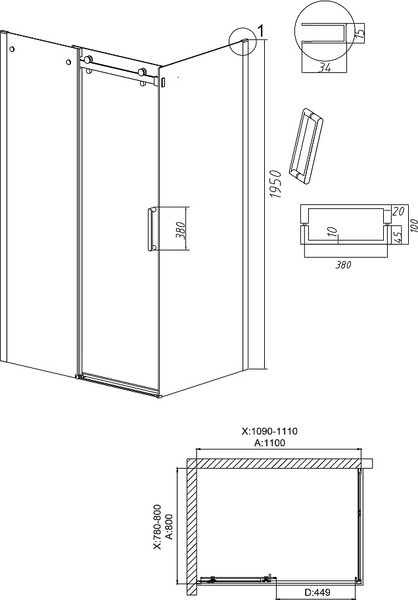 Изображение товара Душевой уголок Grossman Classic 110x80x195 / 120.K33.04.1180.21.00 (черный матовый/стекло прозрачное)