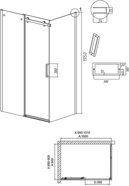 Изображение товара Душевой уголок Grossman Classic 100x90x195 / 120.K33.04.1090.21.10 (черный матовый/тонированно стекло)