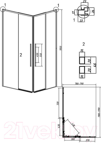 Изображение товара Душевая дверь Grossman Galaxy 120x195 / 1/2.K33.01.12.32.00 (золото сатин/прозрачное стекло)