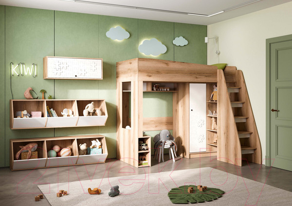 Изображение товара Кровать-чердак Стендмебель Киви КР-02 (супермат белый/дуб делано)