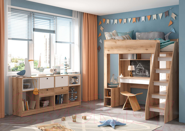 Изображение товара Кровать-чердак Стендмебель Киви КР-02 (супермат белый/дуб делано)