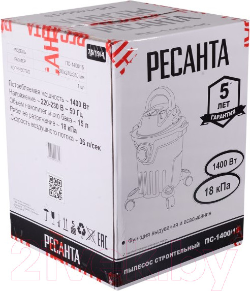Изображение товара Профессиональный пылесос Ресанта ПС-1400/15 (75/19/4)