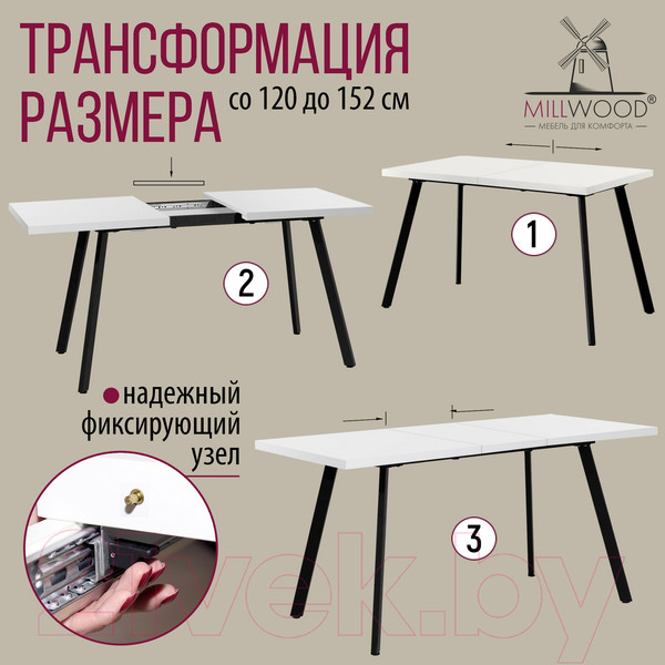 Изображение товара Обеденный стол Millwood Ванкувер 120-152x70x75 (белый/металл черный)