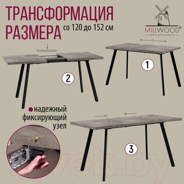 Изображение товара Обеденный стол Millwood Ванкувер 120-152x70x75 (бетон/металл черный)