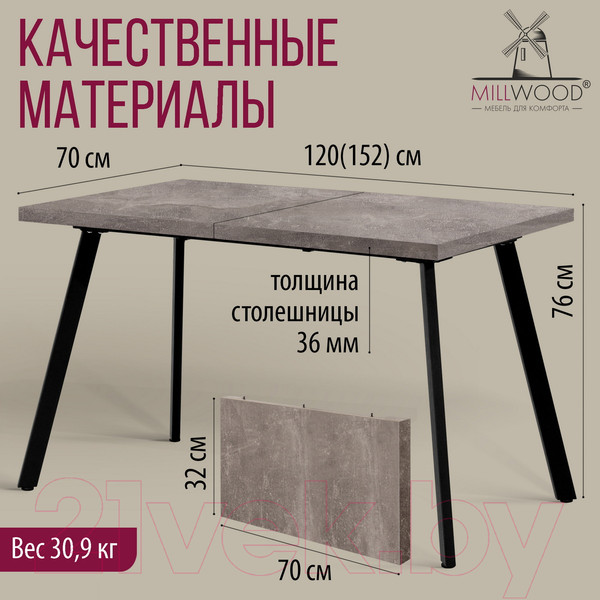 Изображение товара Обеденный стол Millwood Ванкувер 120-152x70x75 (бетон/металл черный)