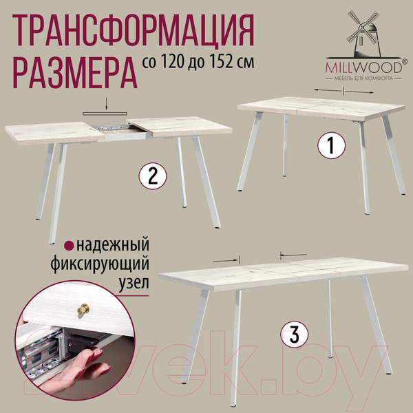 Изображение товара Обеденный стол Millwood Ванкувер 120-152x70x75 (дуб белый Craft/металл белый)