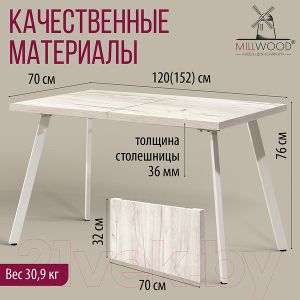 Изображение товара Обеденный стол Millwood Ванкувер 120-152x70x75 (дуб белый Craft/металл белый)