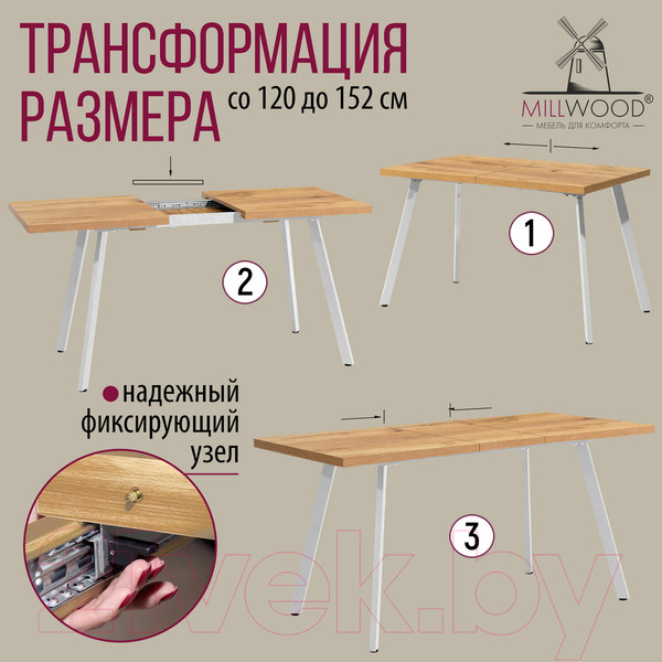 Изображение товара Обеденный стол Millwood Ванкувер 120-152x70x75 (дуб золотой Craft/металл белый)