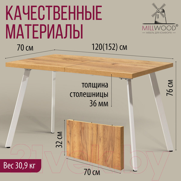 Изображение товара Обеденный стол Millwood Ванкувер 120-152x70x75 (дуб золотой Craft/металл белый)