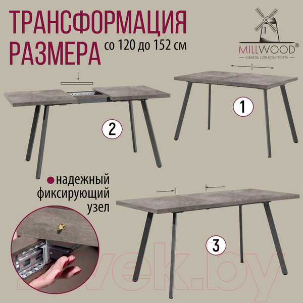 Изображение товара Обеденный стол Millwood Ванкувер 120-152x70x75 (бетон/графит)