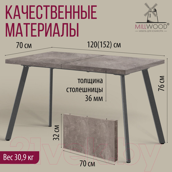 Изображение товара Обеденный стол Millwood Ванкувер 120-152x70x75 (бетон/графит)