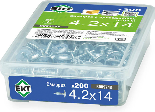 Изображение товара Саморез ЕКТ С прессшайбой 4.2х14 острый / B009748 (200шт, цинк)