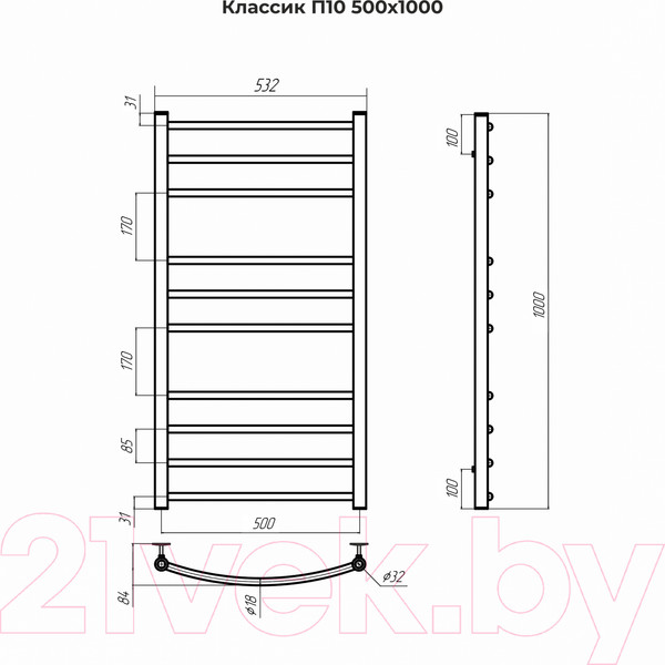 Изображение товара Полотенцесушитель водяной Terminus Классик П10 500x1000 (сатин)