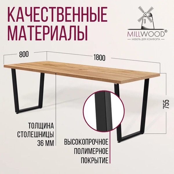 Изображение товара Обеденный стол Millwood Лофт Уэльс 180x80x75 (дуб золотой Craft/металл черный)