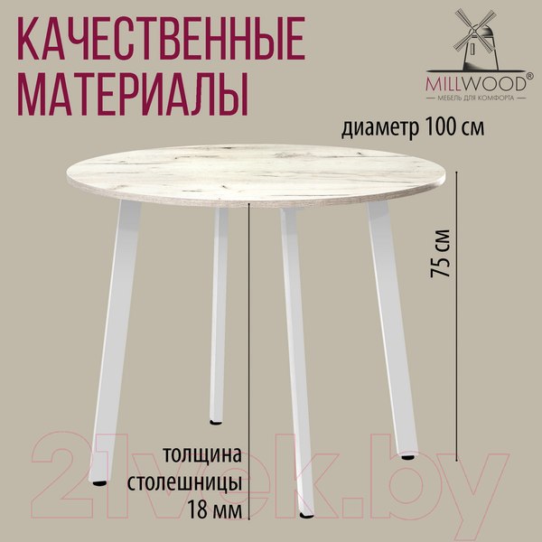 Изображение товара Обеденный стол Millwood Шанхай Л18 D1000 (дуб белый Craft/металл белый)
