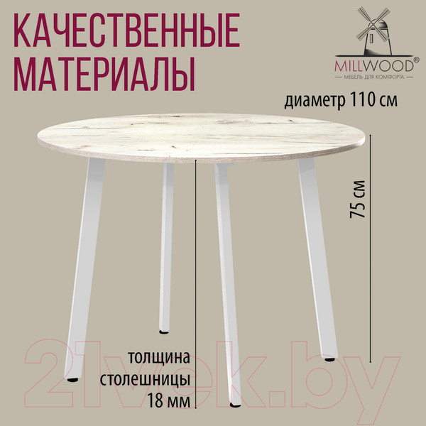 Изображение товара Обеденный стол Millwood Шанхай Л18 D1100 (дуб белый Craft/металл белый)