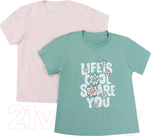 Изображение товара Комплект футболок детских Mark Formelle 117835-2 (р.146-72, шалфей/ромашки на светло-розовом)