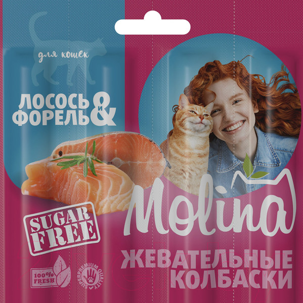 Изображение товара Лакомство для кошек Molina Жевательные колбаски из лосося и форели / 2211 (20г)
