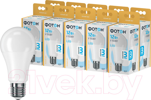 Изображение товара Лампа Фотон LED A60 12W E27 3000K (10шт)