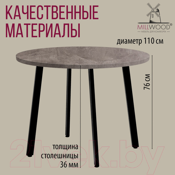 Изображение товара Обеденный стол Millwood Шанхай D110 (бетон/металл черный)