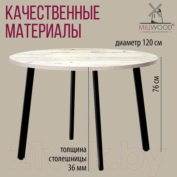 Изображение товара Обеденный стол Millwood Шанхай D120 (дуб белый Craft/металл черный)