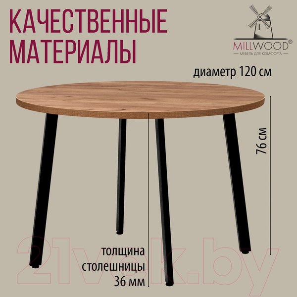 Изображение товара Обеденный стол Millwood Шанхай D120 (дуб табачный Craft/металл черный)