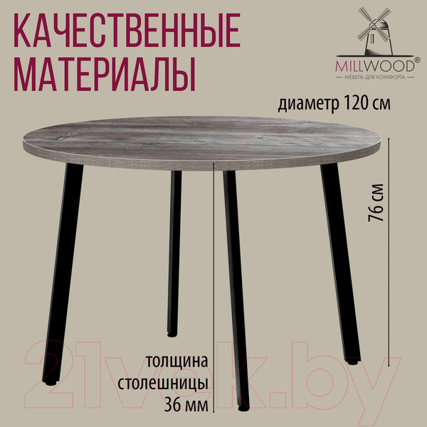 Изображение товара Обеденный стол Millwood Шанхай D120 (сосна пасадена/металл черный)