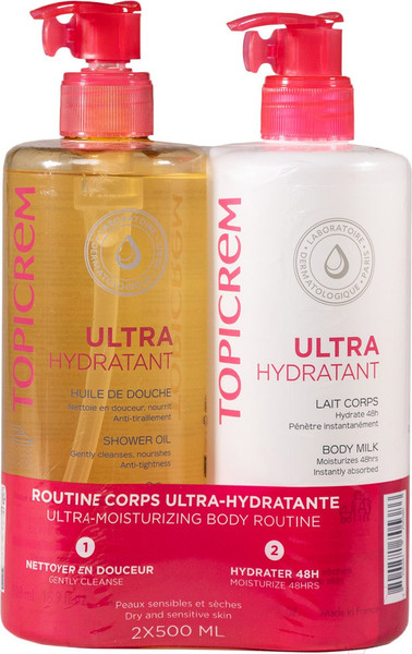 Изображение товара Набор косметики для тела Topicrem Ультраувлажняющее Молочко+Масло для душа (500мл+500мл)